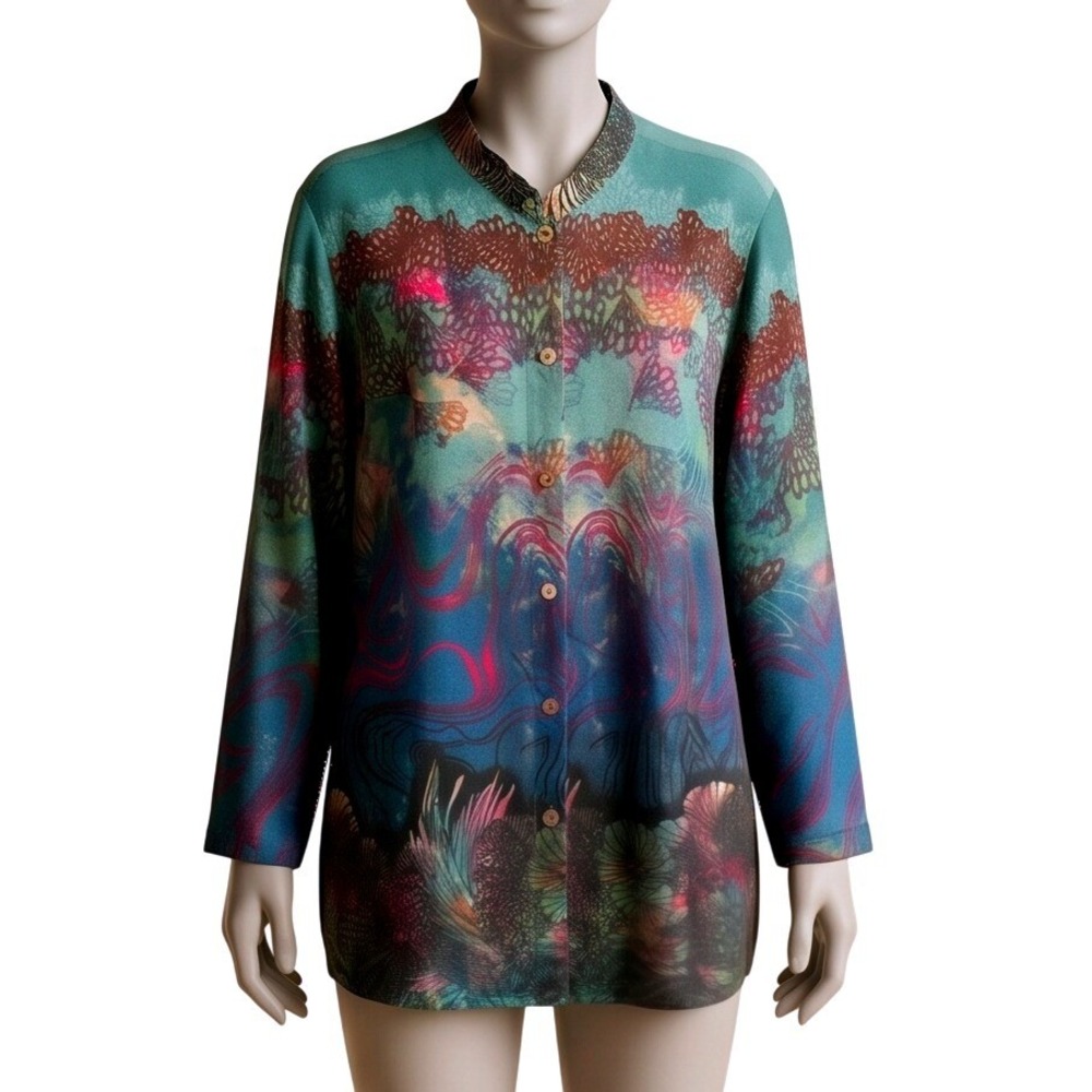 Citron Santa Monica 2X 100% Silk Y2K Vintage Lagenlook Blouse Blue Red Textured